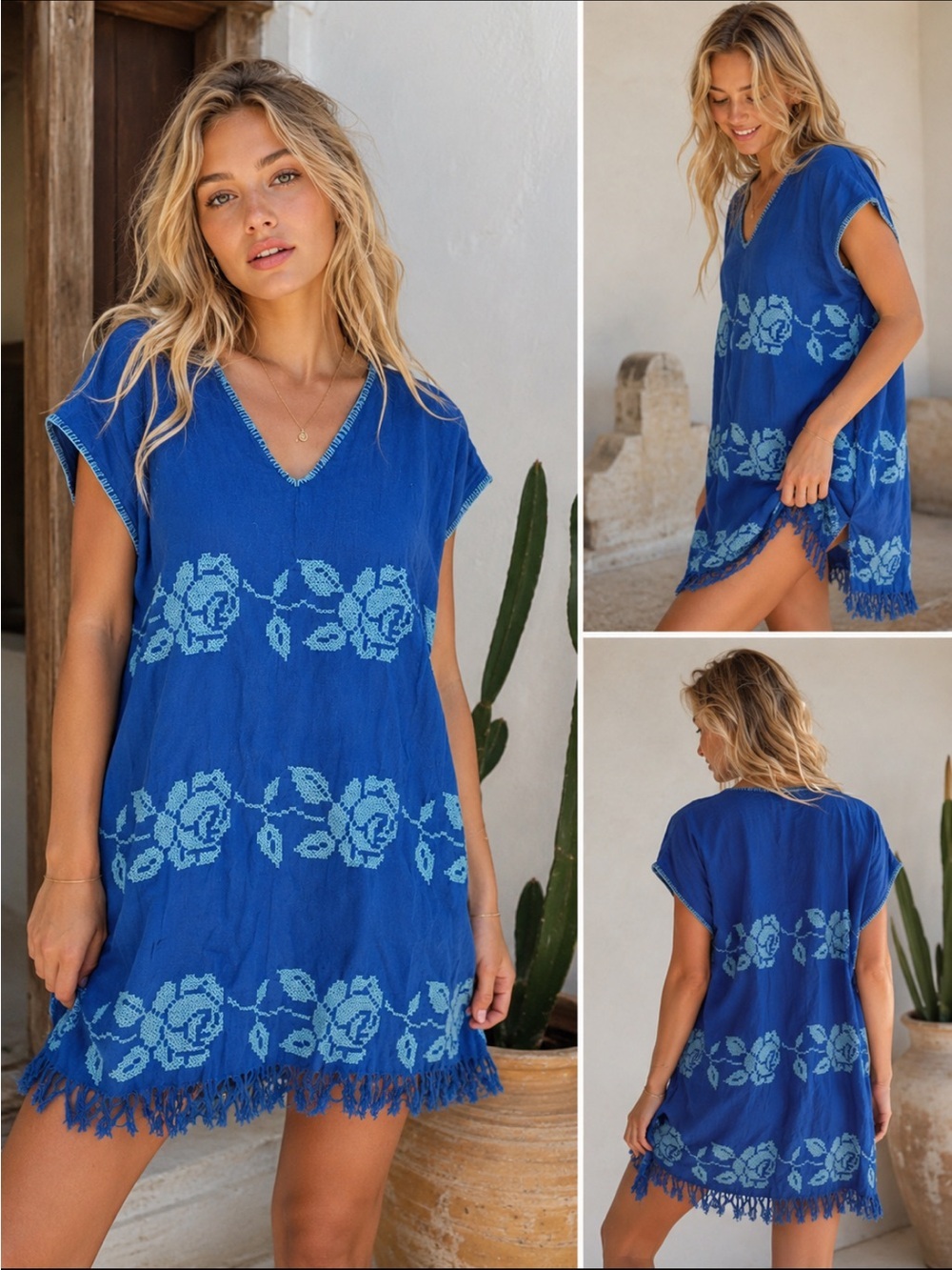 Carolina K Blue Embroidered Floral Fringe Caftan Cover-Up NWT Boho 8179
